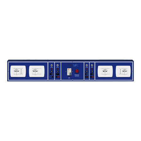 Canale elettrificato • Interruttore magnetotermico differenziale bipolare In 16A / Idn 30 mA • Spia rossa presenza tensione • 4 prese universali 10/16A con spia rossa presenza rete • 2 prese italiane 10/16A con spia rossa presenza rete • 2 uscite 12Vdc su boccole di sicurezza 4mm, fusibile di protezione e interruttore per consenso + spia • 2 uscite 5Vdc su boccole di sicurezza 4mm, fusibile di protezione e interruttore per consenso + spia
