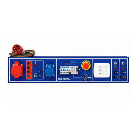 Canale elettrificato • Interruttore magnetotermico differenziale C10A / Idn 30 mA • Consenso attraverso interruttore a chiave con teleruttore • Pulsante di emergenza • Spia rossa • 1 presa schuko 10/16A • 1 presa 3ph + 1 presa 1ph con boccole 4mm di sicurezza • 1 uscita su boccole 24Vdc / 5A + spia + switch ON + fusibile di protezione • 1 uscita su boccole 24Vac / 5A + spia + switch ON + fusibile di protezione
