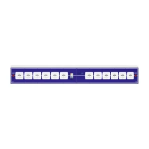 Canale elettrificato monofronte • Interruttore magnetotermico differenziale bipolare In 16A / Idn 30 mA • 12 prese schuko 10/16A • 4 prese italiane 10/16A • 2 Spie rosse presenza rete • Pianale 2000x320mm fissato sulla canalina