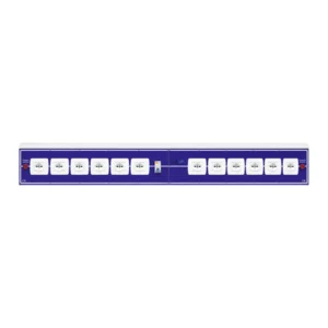 Canale Elettrificato Monofronte • Interruttore magnetotermico differenziale bipolare In 16A / Idn 30 mA • 12 prese schuko 10/16A • 4 prese italiane 10/16A • 2 Spie rosse presenza rete • 2 prese rete RJ45 • Pianale 2000x320mm fissato sulla canalina