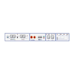 Canale elettrificato • Interruttore generale luchettabile • Interruttore magnetotermico differenziale quadripolare In 32A / Idn 30 mA • Protezione fusibile per uscite in bassa tensione DC • Protezione fusibile per uscite in tensione AC • Pulsante di emergenza con chiave. Pulsante marcia/arresto • 1 uscita trifase 0-400Vac oppure 0-300Vdc selezionabile con strumenti voltmetro/amperometro analogici • 2 uscite in continua su boccole di sicurezza da 4mm con spia rossa presenza rete (500Vdc con amperometro analogico e 250Vdc con amperometro analogico) • 3 uscite in continua su boccole di sicurezza da 4mm con spia rossa presenza rete (24Vdc/12Vdc/6Vdc)