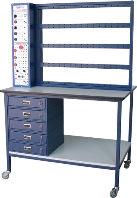 Postazione mobile di pneumatica per 2 studenti con banco didattico per esercitazioni su circuiti pneumatici, automazione industriale e formazione tecnica.