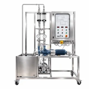Banco pompe centrifughe in serie e in parallelo con doppia pompa e pannello strumenti per esercitazioni di meccanica dei fluidi e ingegneria chimica.