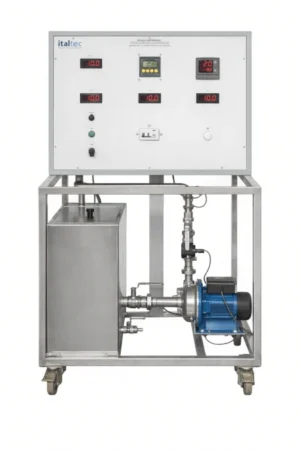 Apparato per lo studio delle pompe centrifughe con pannello di controllo, pompa centrifuga e sistema di misura per esercitazioni di meccanica dei fluidi e ingegneria chimica.