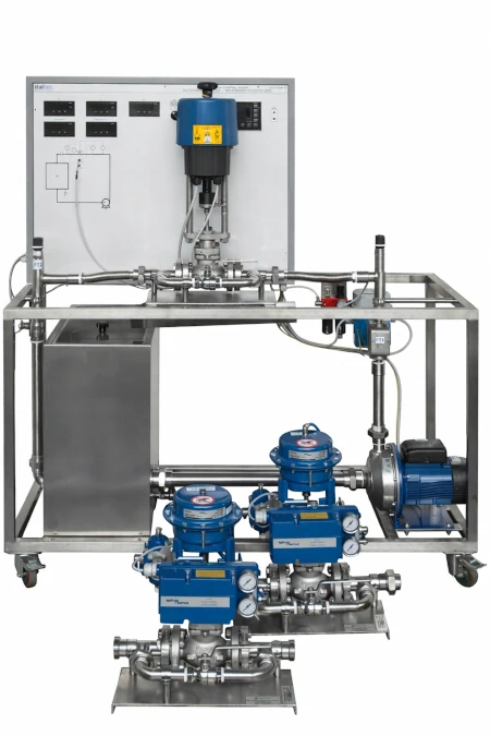 Trainer per controllo di portata e studio delle valvole industriali con attuatori pneumatici ed elettrici, software SCADA e circuito idraulico chiuso.