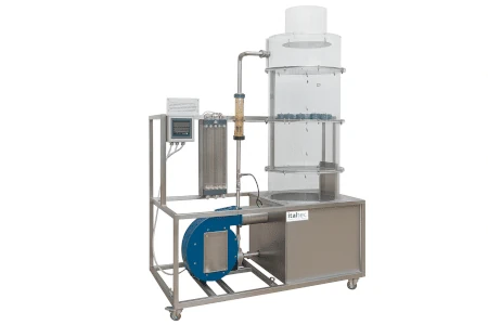 Distillation column simulator with transparent column, perforated plates, and bubble cap plate for chemical engineering.