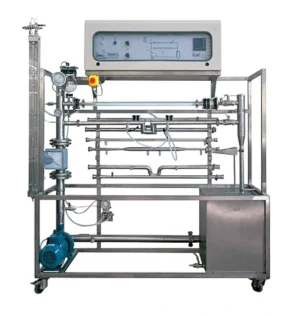 Impianto pilota per perdite di pressione con circuito idraulico, pompa e regolatore PID per esercitazioni di meccanica dei fluidi.