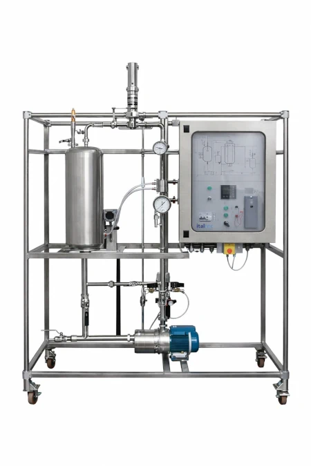 Unità didattica per il controllo di portata con pompa centrifuga, valvola pneumatica e software SCADA per formazione sul controllo di processo industriale