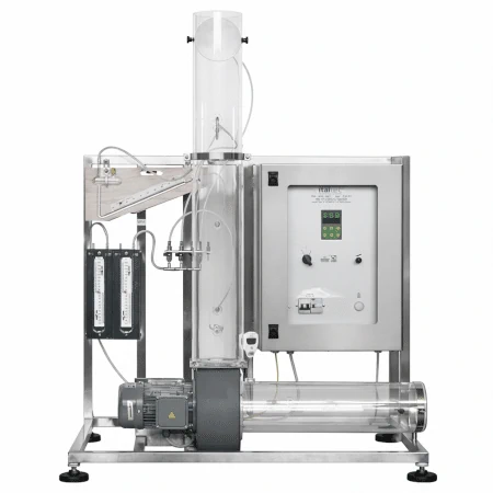 Unità di studio dei ventilatori centrifughi con condotti di aspirazione e mandata, tubo di Pitot e strumenti di misura per esercitazioni di fluidodinamica.