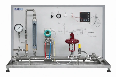Banco didattico per regolazione di livello con valvola pneumatica e software SCADA per controllo di processo industriale