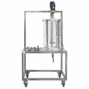 Apparato per lo studio della miscelazione di liquidi con recipiente trasparente e agitatore a velocità variabile per laboratorio di ingegneria chimica.