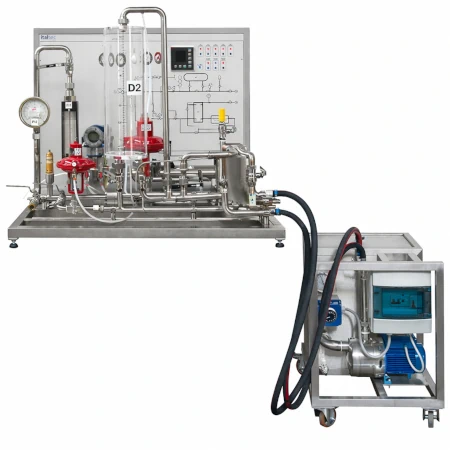 Banco per controllo multi-processo con regolazione di portata, livello, pressione e temperatura tramite sistema SCADA per controllo di processo industriale.