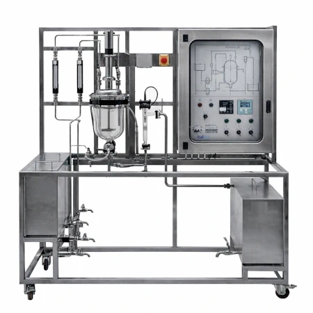 Trainer per regolazione del pH nei sistemi di controllo di processo industriale con reattore agitato, pompe dosatrici e supervisione SCADA.