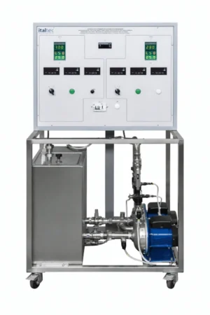 Apparato didattico per lo studio delle pompe centrifughe in serie e parallelo con analisi di portata, prevalenza e velocità di rotazione.