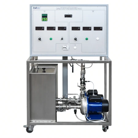 Apparato didattico per lo studio delle pompe centrifughe in serie e parallele con controllo della portata e velocità variabile per laboratori di ingegneria chimica.