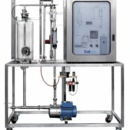 Trainer per controllo di temperatura nei sistemi di controllo di processo industriale con scambiatore di calore, valvola pneumatica e supervisione SCADA.