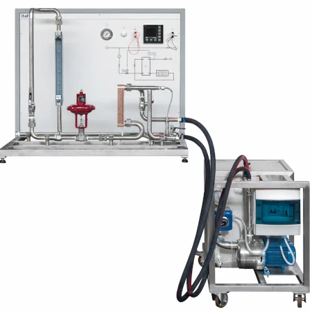 Banco didattico per il controllo della temperatura con scambiatore di calore a piastre, termoresistenza, valvola pneumatica e software SCADA per controllo di processo industriale.